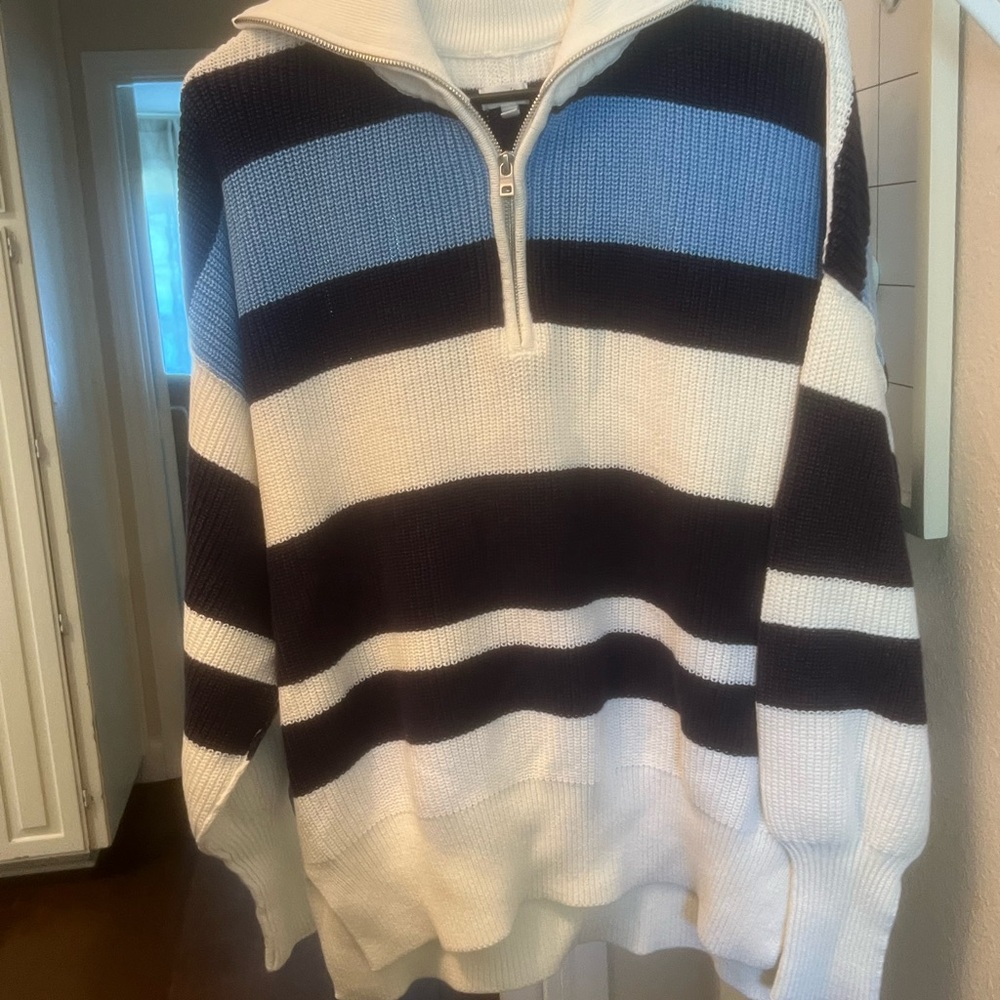 Aerie Blue and Navy Zip Up Sweater with Stripes